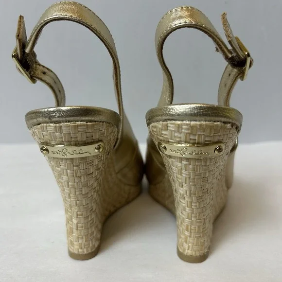 Lilly Pulitzer Shoes Womens 5.5 Gold Sandals Wedge Heels Slingback Kristen - Picture 6 of 15